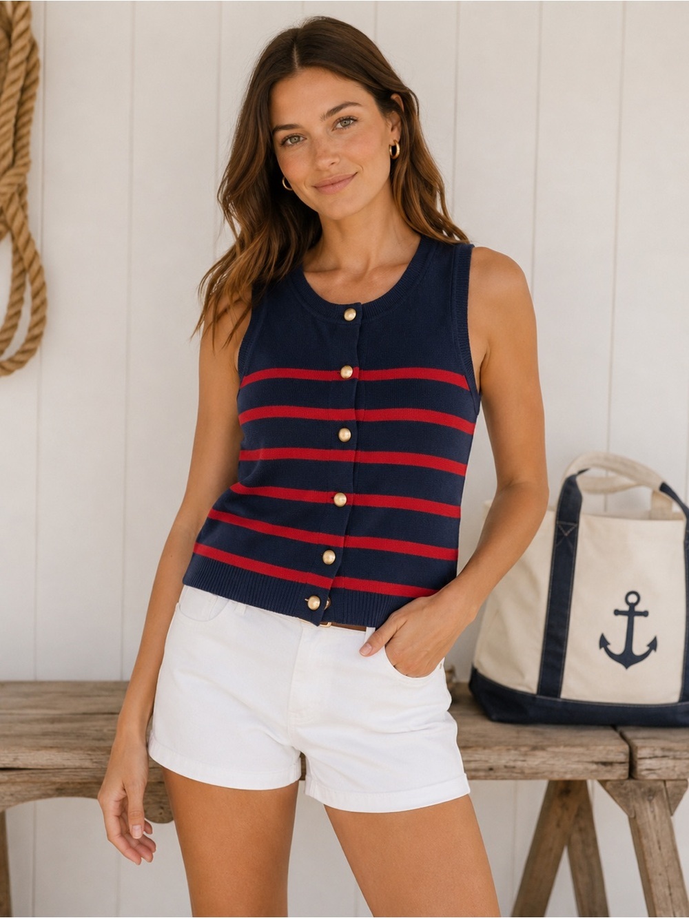 NWT Women's Striped Navy Blue Red Knit Gold Button Top Fourth of July Minimalist